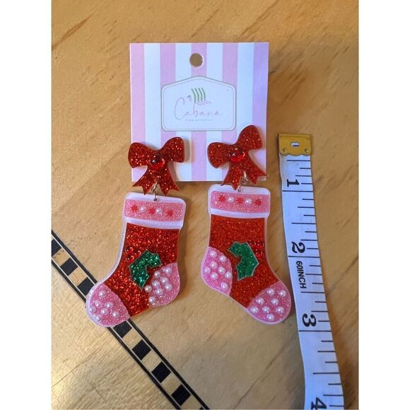 New! Cabana Seaside Christmas Ribbon Socks Stocking Drop Earrings - Picture 3 of 3